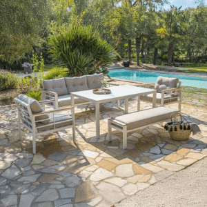 Esszimmerset Blakes 7-Sitzer Stuhl/Sofa Gartenmöbelset Weiß Aluminium/Holz