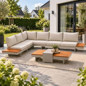 Gartenlounge Premium Emerald II Beige Ecklounge Verstellbar 6-Sitzer AluminiumHolz (1)