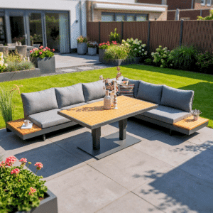 Gartenlounge Monte Carlo Ecksofa mit verstellbarem Tisch, Eck-Gartenmöbelset für 6 Personen, Aluminium/Holz