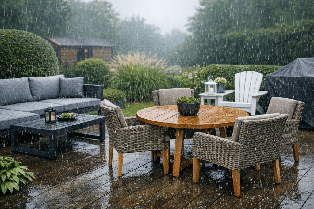 Gartenmöbel im Regen