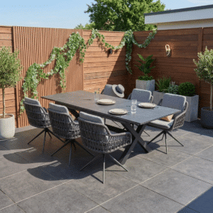 Essgruppe Monte Carlo Anthrazit – Gartentisch 180–240 cm + 6 drehbare Sevilla-Gartenstühle