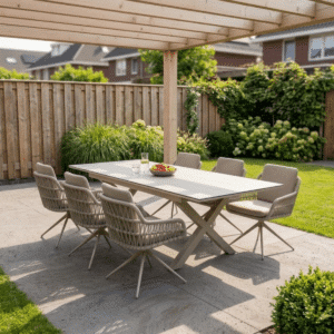 Essgruppe Monte Carlo Warmweiß – Gartentisch 180–240 cm + 6 drehbare Sevilla-Gartenstühle