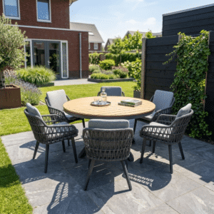Garten-Essgruppe 6 Personen Calgary Anthrazit – Aluminium runder Gartentisch 140 cm + 6 Stühle mit Rückenkissen