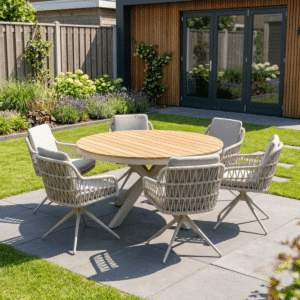 Garten-Essgruppe 6 Personen Calgary Warmweiß – Aluminium runder Gartentisch 140 cm + 6 Drehbare stuhlen