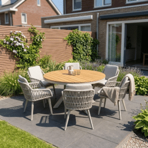 Garten-Essgruppe 6 Personen Calgary Warmweiß – Aluminium runder Gartentisch 140 cm + 6 Stühlen mit Ruckenkissens