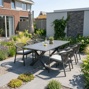 Garten-Essgruppe 6 Personen Monte Carlo Anthrazit – Aluminium ausziehbarer Gartentisch 180–240 cm + 6 stapelbare Stühle