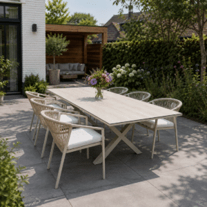 Garten-Essgruppe 6 Personen Monte Carlo Warmweiß – Aluminium ausziehbarer Gartentisch 180–240 cm + 6 Stapelbare Stühlen