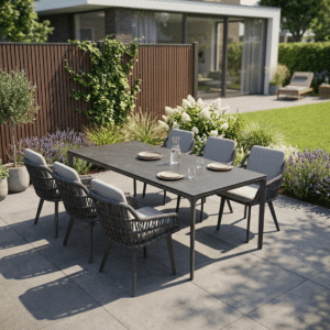 Garten-Essgruppe 6 Personen Vienna Anthrazit – Aluminium Gartentisch 200 cm + 6 stühlen mit ruckenkissens