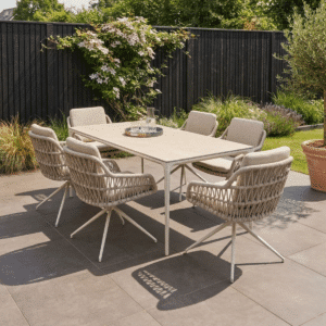 Garten-Essgruppe 6 Personen Vienna Warmweiß – Aluminium Gartentisch 200 cm + 6 Drehbare Stühle