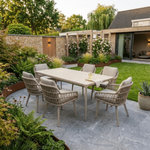 Garten-Essgruppe 6 Personen Vienna Warmweiß – Aluminium Gartentisch 200 cm + 6 Stühlen mit Ruckenkissens