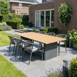 Garten-Essgruppe für 6 Personen Riviera XL in Anthrazit – Gartentisch aus Aluminium (240 cm) + 6 Stapelbare Stühle