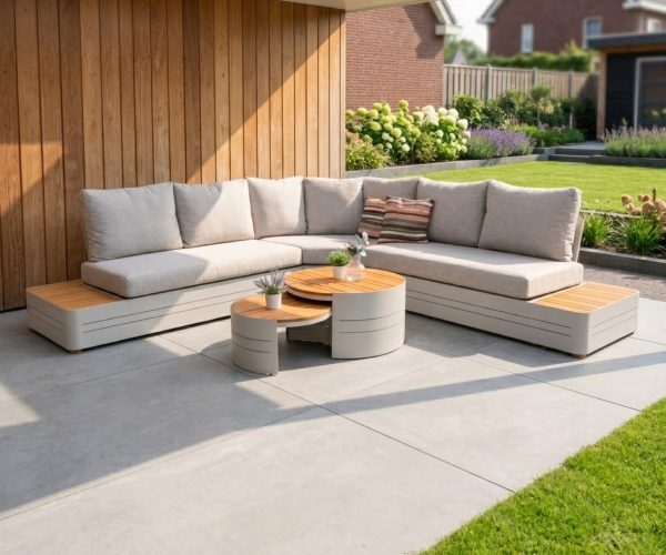 Loungeset Zanzibar Premium Weiß XXL – großes Eck-Lounge-Set für den Garten mit hellgrauen Kissen, rundem Couchtisch mit Teakholz-Ablage und modernen Betonfliesen als Terrassenbelag